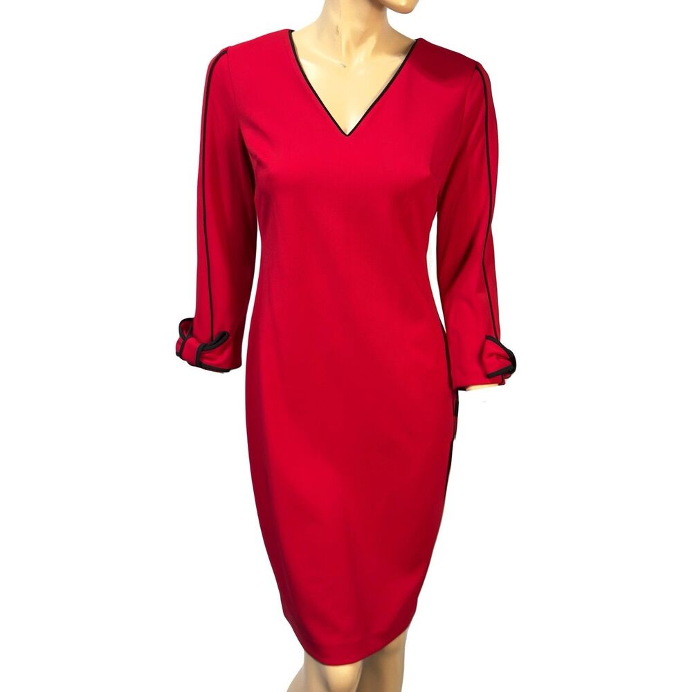 Calvin Klein Women’s Red Dress Bow 3/4 Sleeve Women’s 8 Pencil Sheath NWT